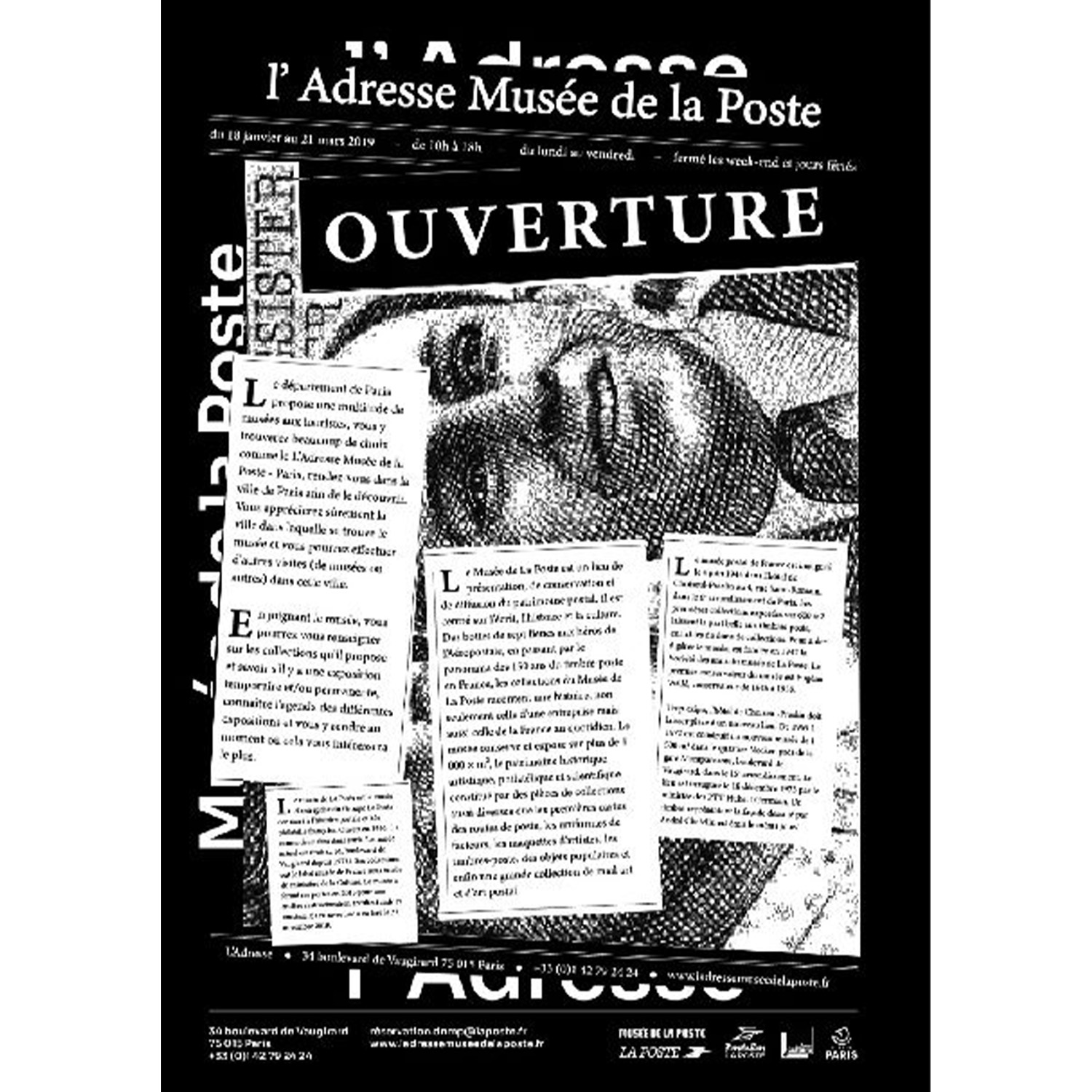 Affiche noir ladresse ouverture, musée de La Poste, identité visuelle par Florent Andarelli